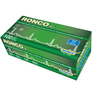 Manufacturer (roncosafety.com) original of the RONCO NE5 retail box: green '100 count Nitrile Examination Gloves' packag