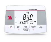 Ohaus AQUASEARCHER AB23EC conductivity bench meter, top-down product shot on clean white bg. Visually confirmed via Read