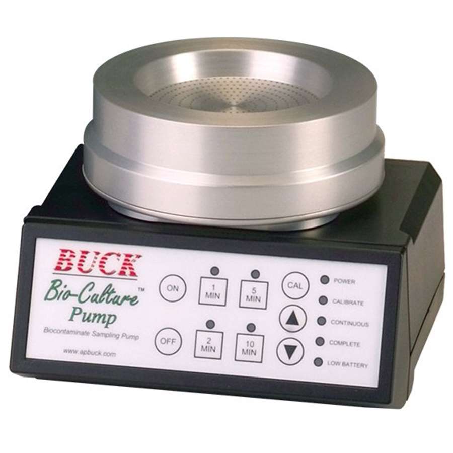 moldcareer.com zoom variant, 900x900, white bg. Front panel reads 'BUCK Bio-Culture Pump / Biocontaminate Sampling Pump 