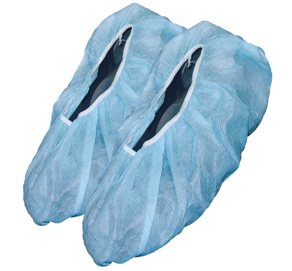 Manufacturer (roncomanufacturing.com) image of CoverMe blue disposable shoe covers, 800x741 webp on clean white bg, shor