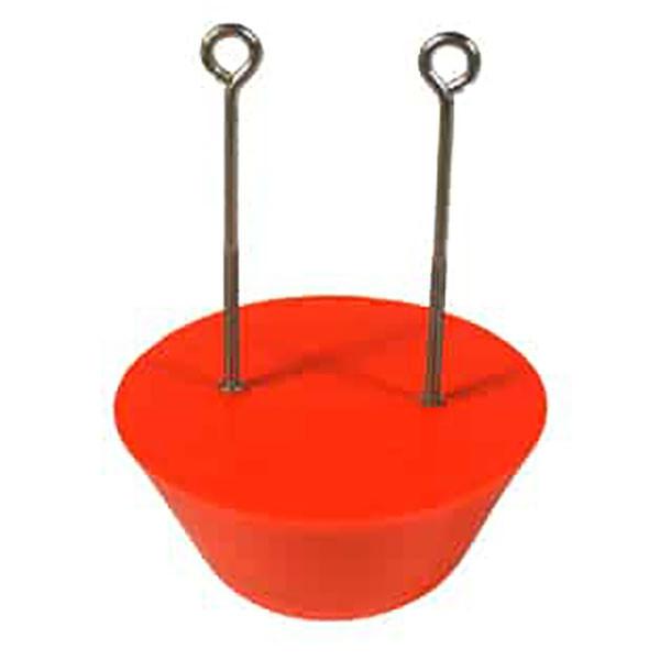 PK Safety Shopify CDN. Image 5 = clean white-bg studio shot of orange UltraTech Ultra-Drain Plug with two stainless eyeb