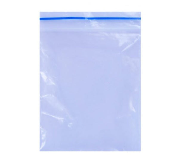 Vera Plastics manufacturer original (wp-content). Clear LDPE reclosable ziplock bag, blue zipper seal at top, clean whit