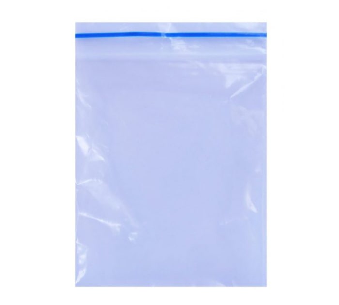 Vera Plastics manufacturer original (wp-content). Clear LDPE reclosable ziplock bag, blue zipper seal at top, clean whit
