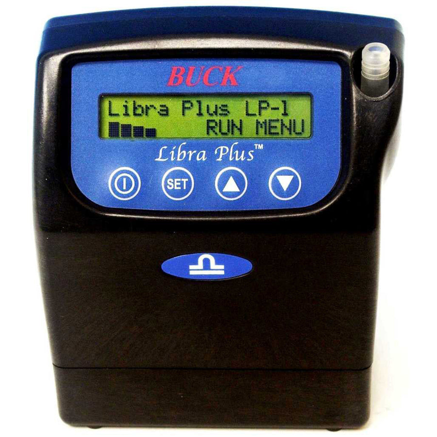 BUCK Libra Plus LP-1 personal air sampling pump (black/blue case, LCD reading 'Libra Plus LP-1 / RUN MENU', BUCK brandin