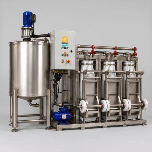 MicroFloc™ ER-93-500 bag system: 500 L stainless mixing tank, ERE control panel and three bag dewatering stations