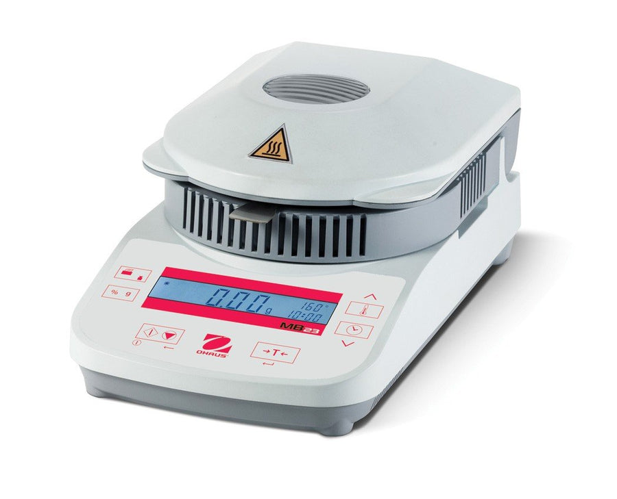 Ohaus MB23 moisture analyzer, closed-lid front-left view matching ERE PDP framing. DSC Balances Shopify CDN original, re