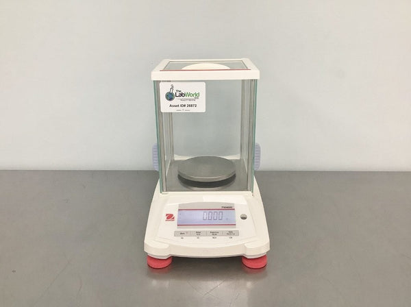 Ohaus Pioneer analytical balance with glass draft-shield enclosure on clean white bg, from Lab World Group WooCommerce C