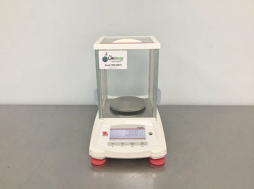 Ohaus Pioneer analytical balance with glass draft-shield enclosure on clean white bg, from Lab World Group WooCommerce C