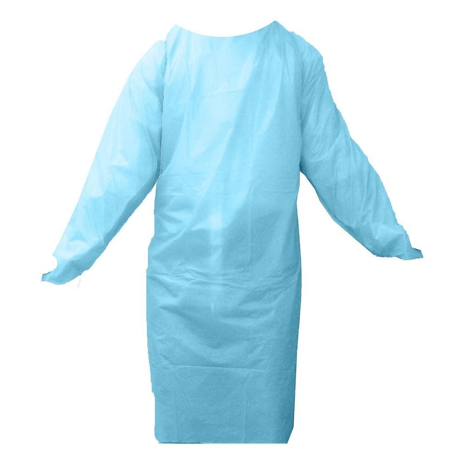 Sands.ca Shopify CDN. Blue RONCO CoverMe disposable isolation gown on clean white bg, 1000x1000 real (sips-verified). Fi