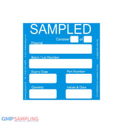 Blue SAMPLED QC label, Sampling Systems Ltd, re-order code 8220A-31, fields Material/Batch-Lot/Expiry/Part/Quantity/Init