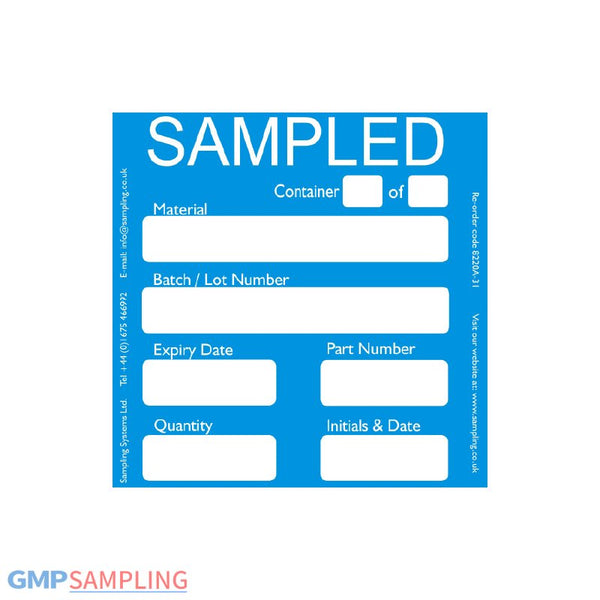 Blue SAMPLED QC label, Sampling Systems Ltd, re-order code 8220A-31, fields Material/Batch-Lot/Expiry/Part/Quantity/Init