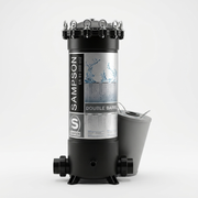 Sampson Single & Double Barrel Filter Housing ER-89-000-002 with cartridge canister, white studio background