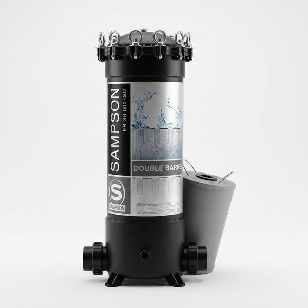 Sampson Single & Double Barrel Filter Housing ER-89-000-002 with cartridge canister, white studio background