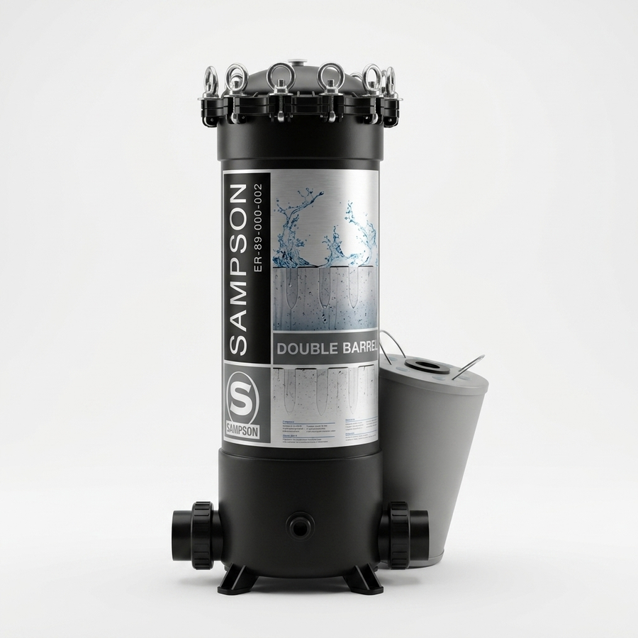 Sampson Single & Double Barrel Filter Housing ER-89-000-002 with cartridge canister, white studio background