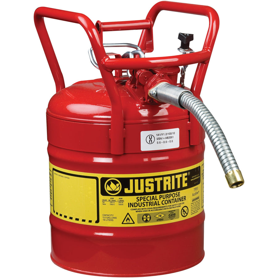 Justrite D.O.T. AccuFlow Safety Cans, Type II, Steel, 5 US gal., Red, FM Approved