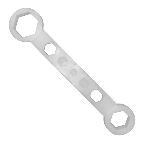 Waterra Valve Wrench for Foot Valves. White plastic dual-ended multi-socket wrench with graduated footvalve socket shape